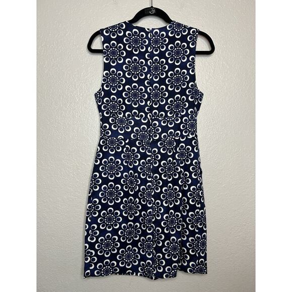 Adam Lippes Blue Floral Linen Blend V Neck Mini Dress Pockets Size 6 Silk Lining - Picture 2 of 10